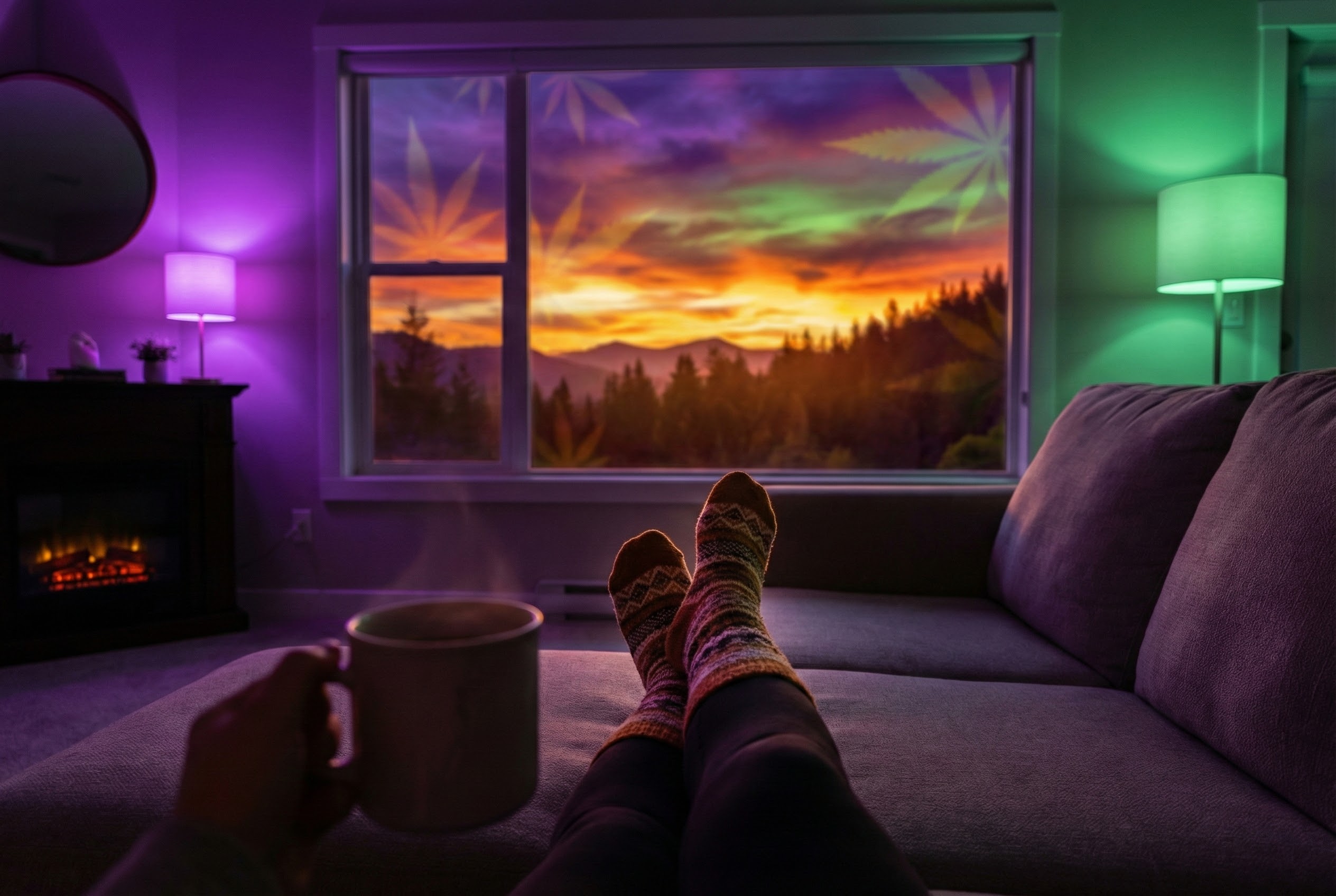 First-person perspective shot of someone sitting comfortably on a plush sofa, looking out a window at a vibrant, slightly saturation-boosted sunset